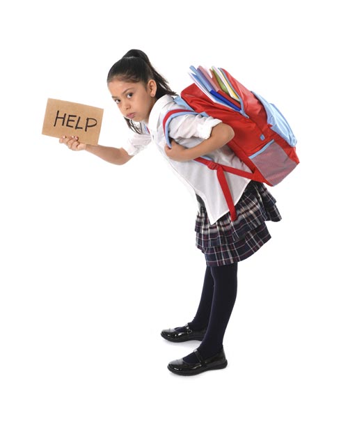 Girl carrying heavy backpack and help sign